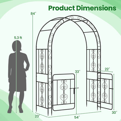 Garden Arbor with Gate with Multiple Side Crossbars and 4 Sharp Ground Stakes-Black