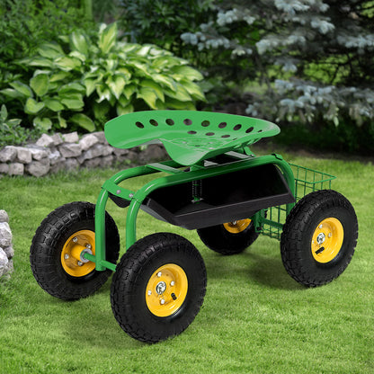 Carro de Jardín Rodante con Asiento de Trabajo Rojo/Verde y Bandeja de Herramientas Resistente para Jardinería y Siembra - Verde
