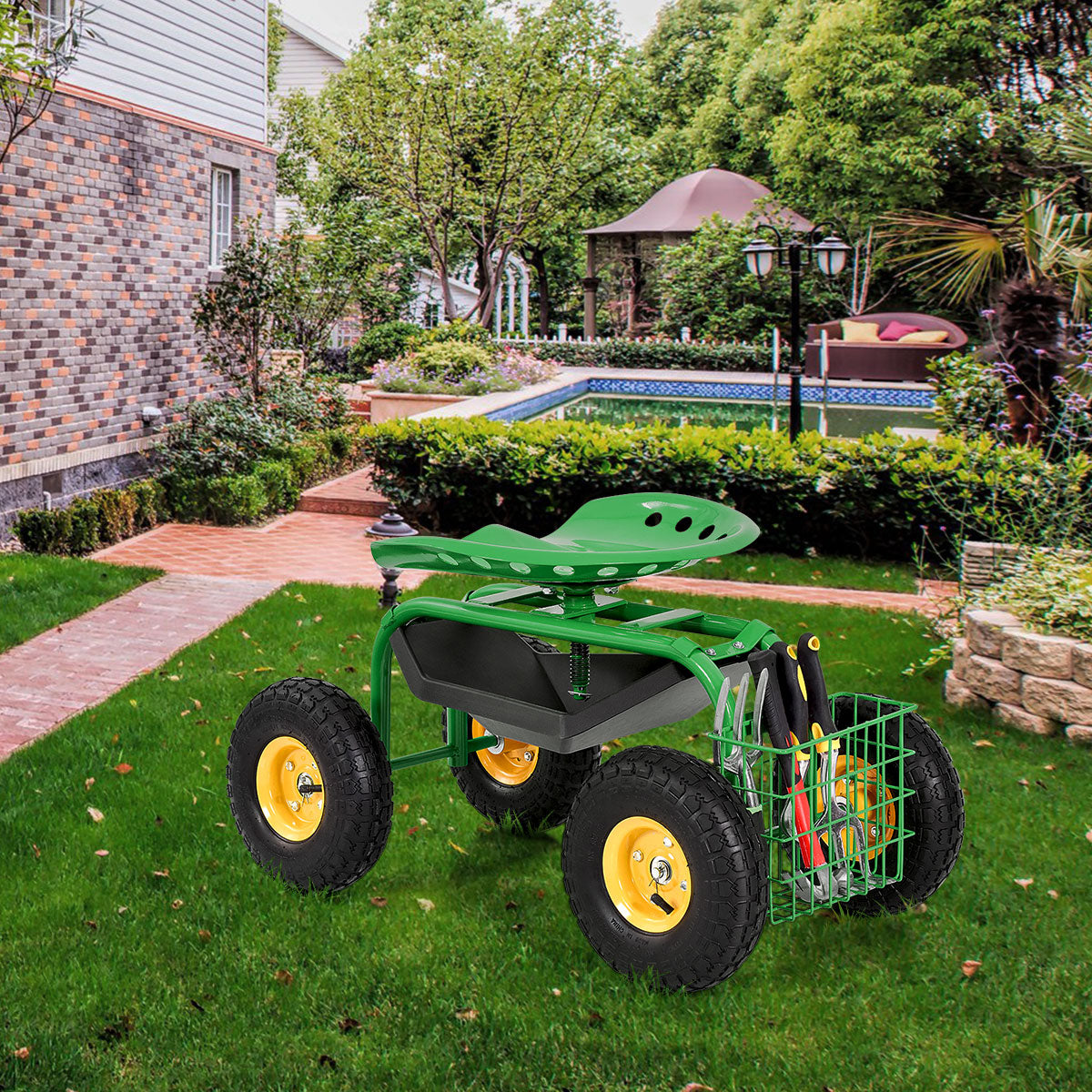 Carro de Jardín Rodante con Asiento de Trabajo Rojo/Verde y Bandeja de Herramientas Resistente para Jardinería y Siembra - Verde