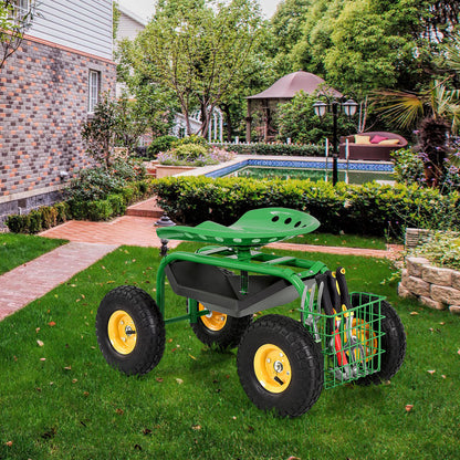 Carro de Jardín Rodante con Asiento de Trabajo Rojo/Verde y Bandeja de Herramientas Resistente para Jardinería y Siembra - Verde