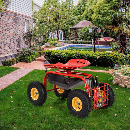 Carro de jardín rojo/verde Asiento de trabajo rodante con bandeja para herramientas resistente para jardinería y siembra-Rojo