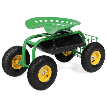 Carro de Jardín Rodante con Asiento de Trabajo Rojo/Verde y Bandeja de Herramientas Resistente para Jardinería y Siembra - Verde