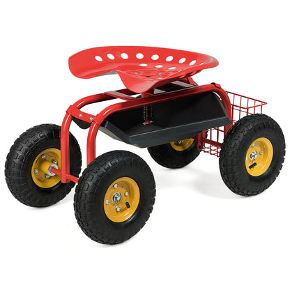 Carro de jardín rojo/verde Asiento de trabajo rodante con bandeja para herramientas resistente para jardinería y siembra-Rojo