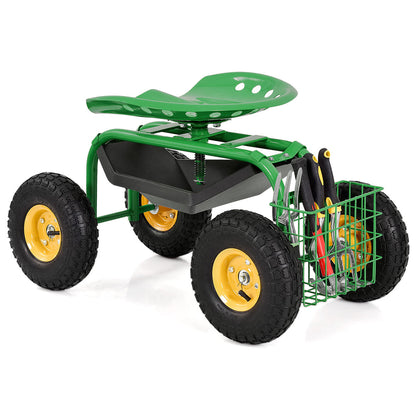 Carro de Jardín Rodante con Asiento de Trabajo Rojo/Verde y Bandeja de Herramientas Resistente para Jardinería y Siembra - Verde