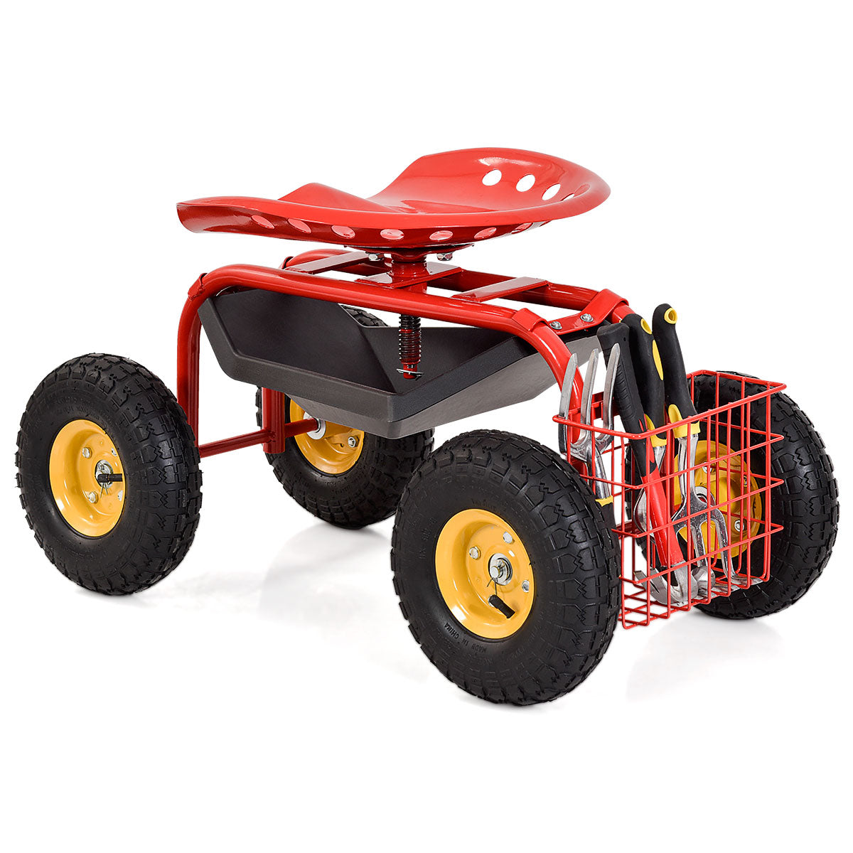 Carro de jardín rojo/verde Asiento de trabajo rodante con bandeja para herramientas resistente para jardinería y siembra-Rojo