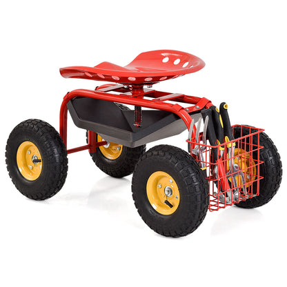 Carro de jardín rojo/verde Asiento de trabajo rodante con bandeja para herramientas resistente para jardinería y siembra-Rojo