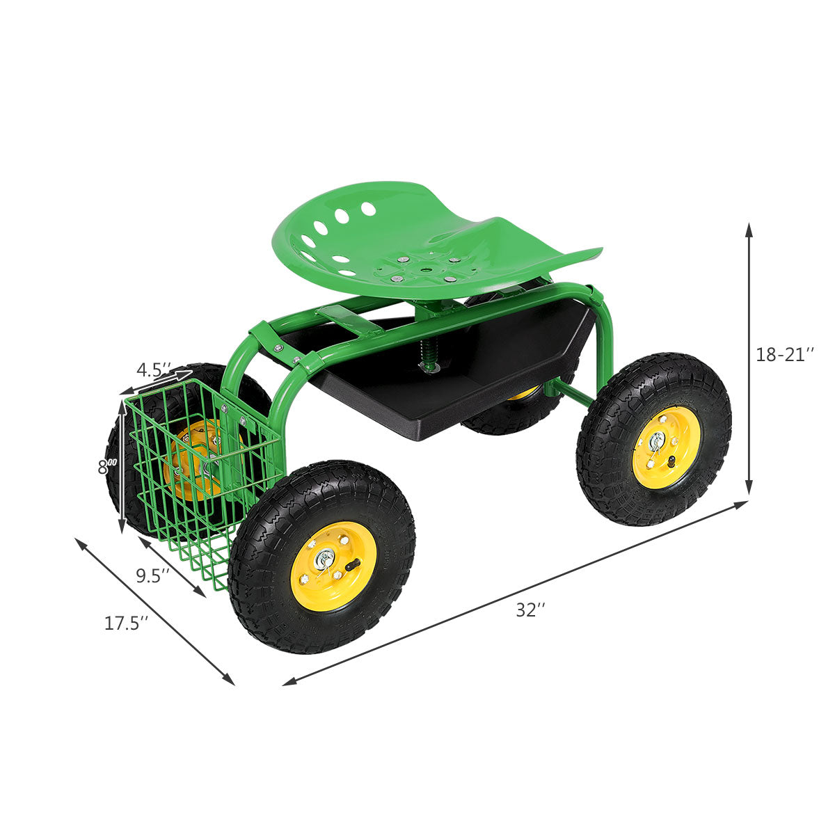 Carro de Jardín Rodante con Asiento de Trabajo Rojo/Verde y Bandeja de Herramientas Resistente para Jardinería y Siembra - Verde