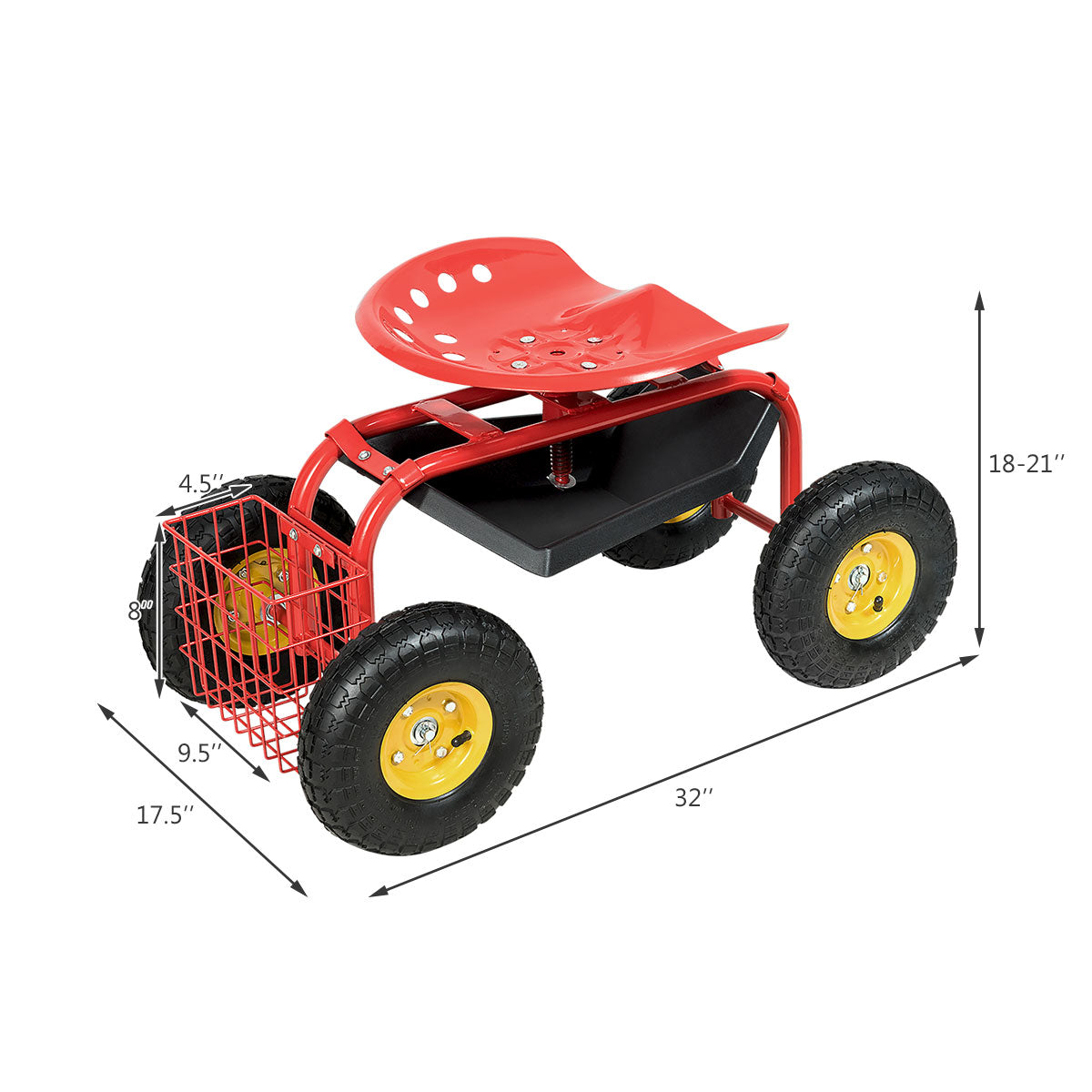 Carro de jardín rojo/verde Asiento de trabajo rodante con bandeja para herramientas resistente para jardinería y siembra-Rojo
