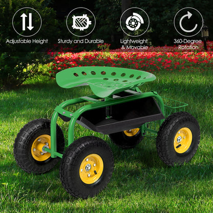 Carro de Jardín Rodante con Asiento de Trabajo Rojo/Verde y Bandeja de Herramientas Resistente para Jardinería y Siembra - Verde