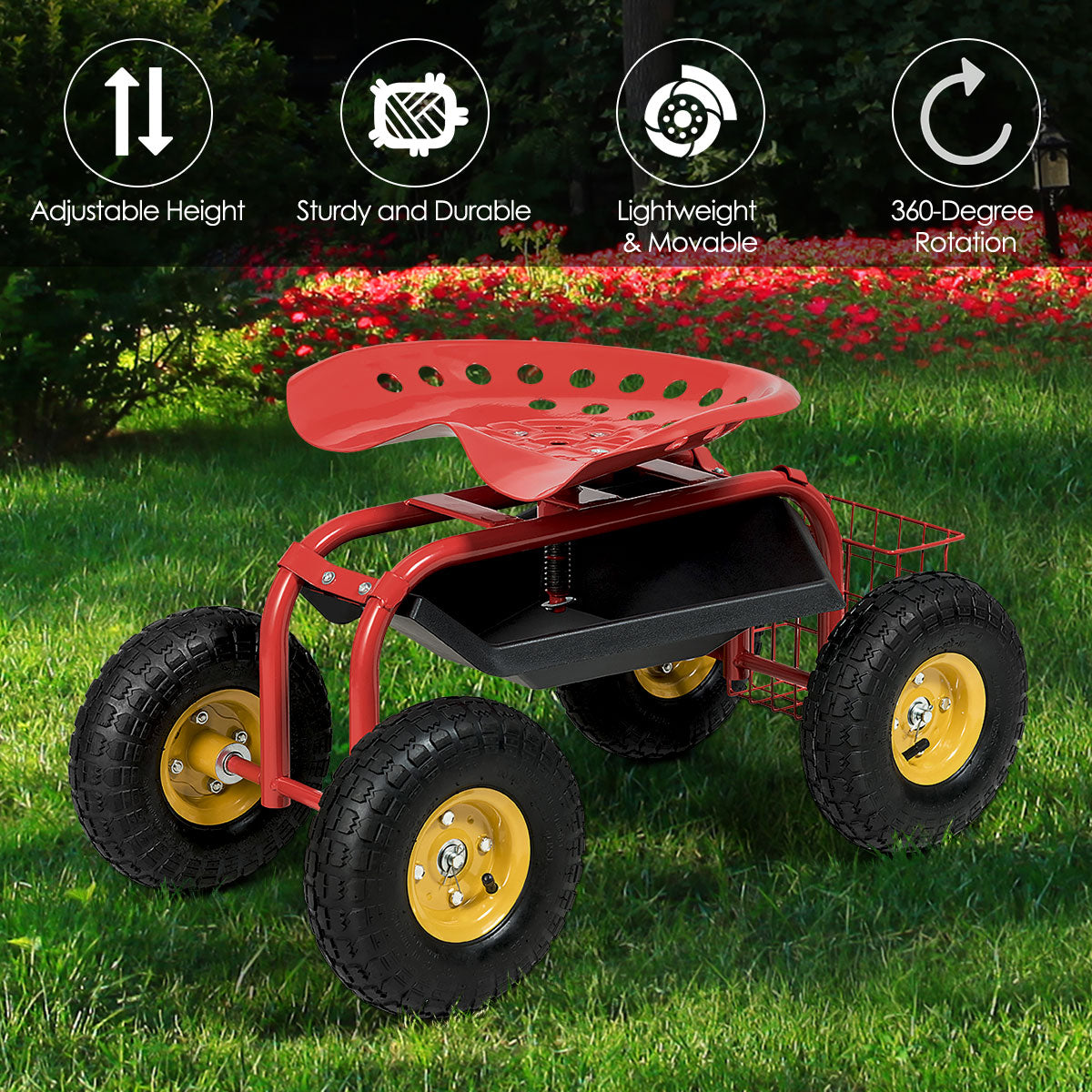 Carro de jardín rojo/verde Asiento de trabajo rodante con bandeja para herramientas resistente para jardinería y siembra-Rojo