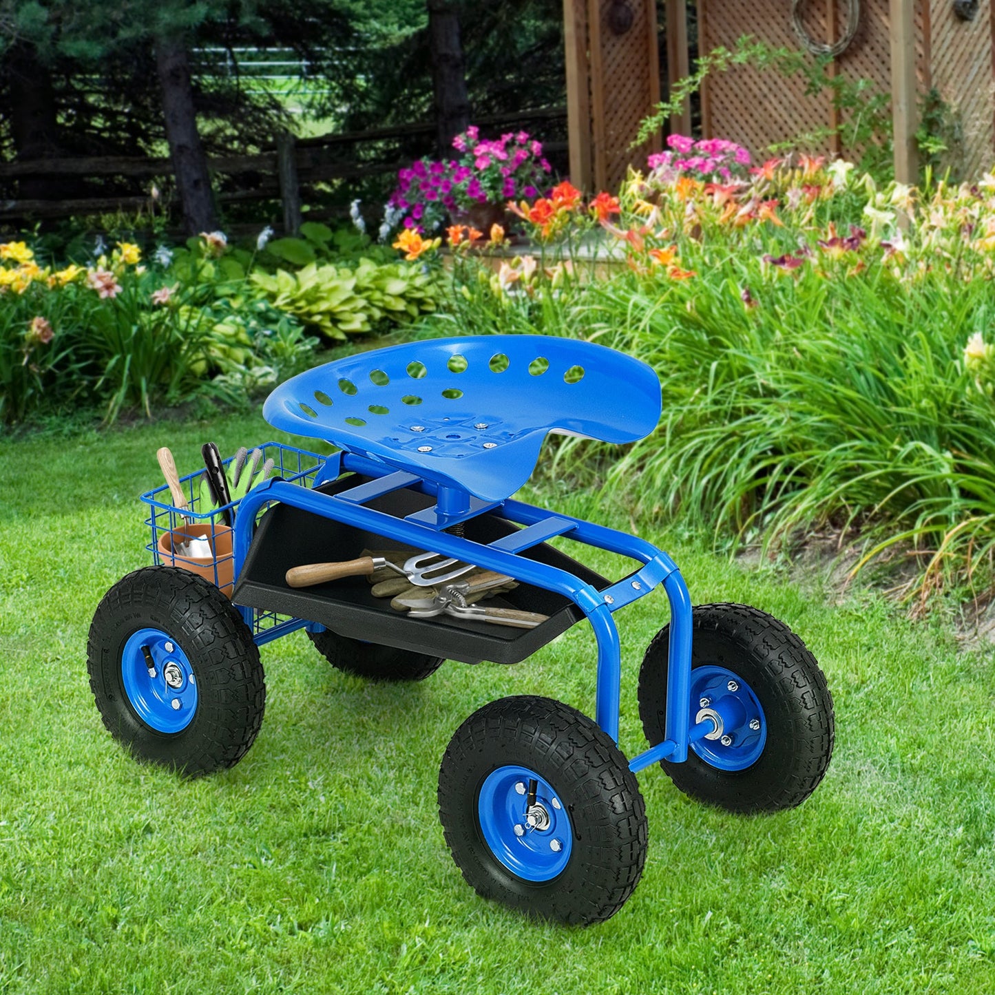 Carrito de jardín con bandeja de herramientas de alta resistencia - Azul