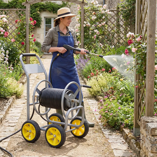 Garden Hose Reel Cart with 4 yellow wheels, gray metal frame, and a built-in reel with black hose on Tampa Home & Garden Store