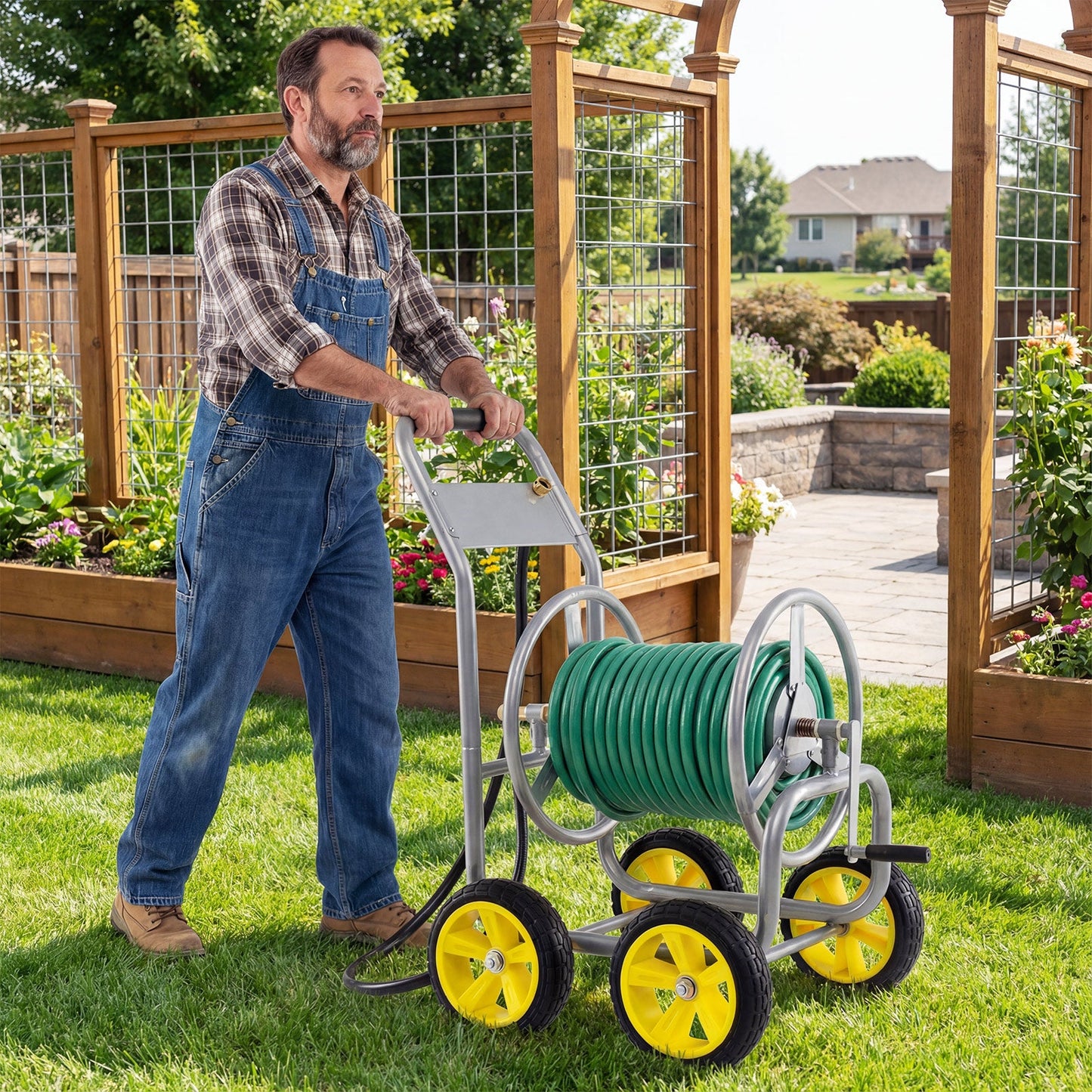 Garden Hose Reel Cart 4 Wheels Heavy-Duty Metal Water Hose Organizer Portable