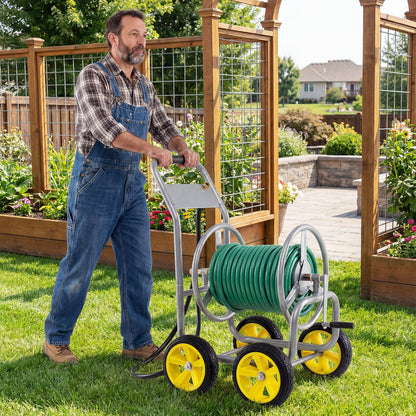Garden Hose Reel Cart 4 Wheels Heavy-Duty Metal Water Hose Organizer Portable