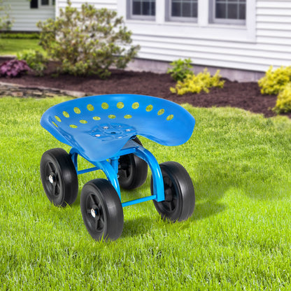 Asiento de trabajo rodante para jardín con asiento giratorio 360° y altura ajustable - Azul