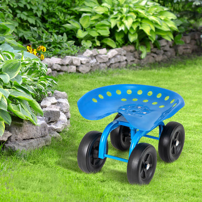 Asiento de trabajo rodante para jardín con asiento giratorio 360° y altura ajustable - Azul