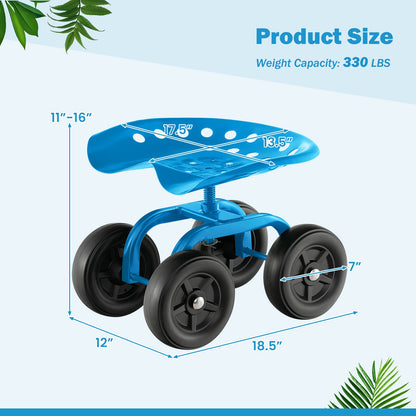 Asiento de trabajo rodante para jardín con asiento giratorio 360° y altura ajustable - Azul