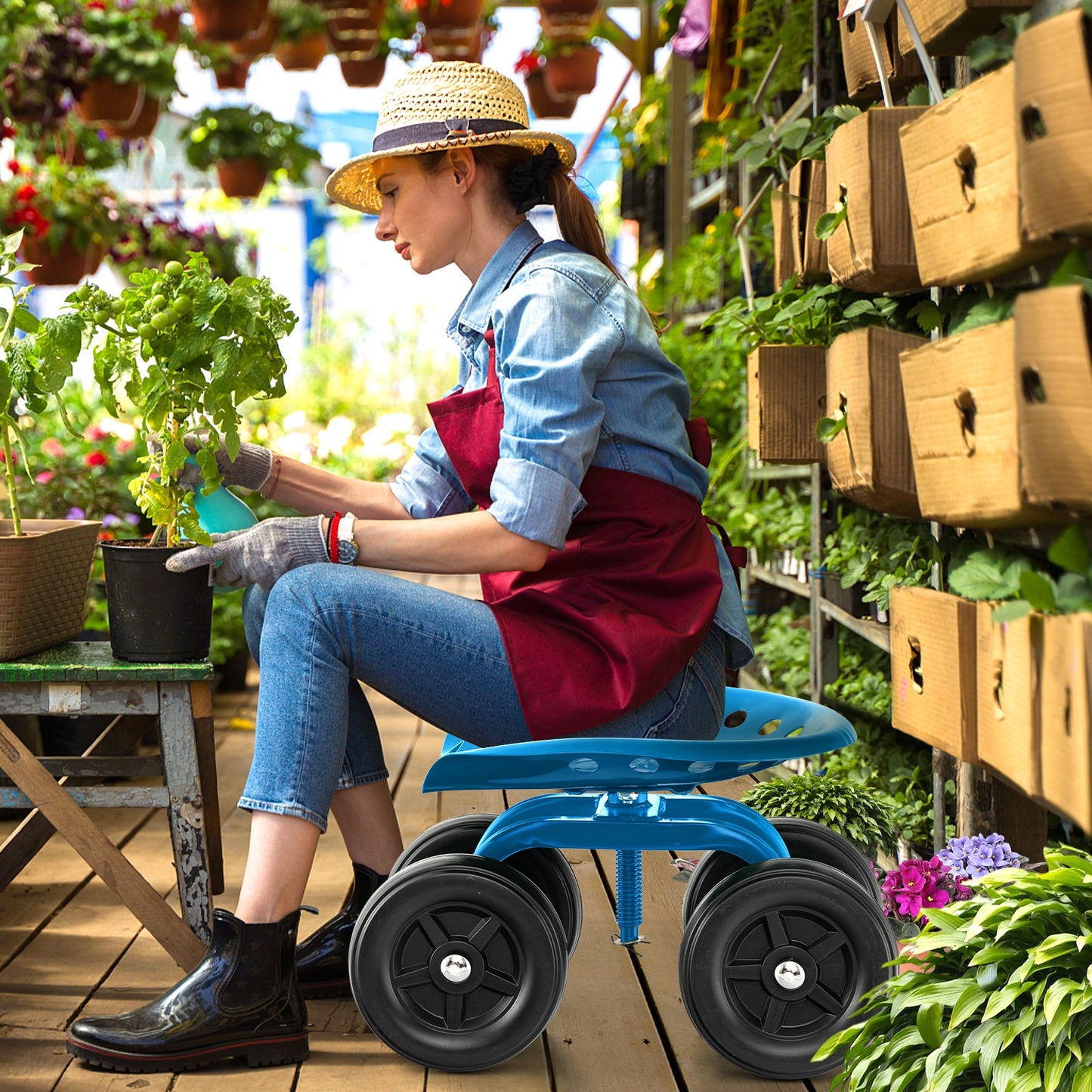 Asiento de trabajo rodante para jardín con asiento giratorio 360° y altura ajustable - Azul