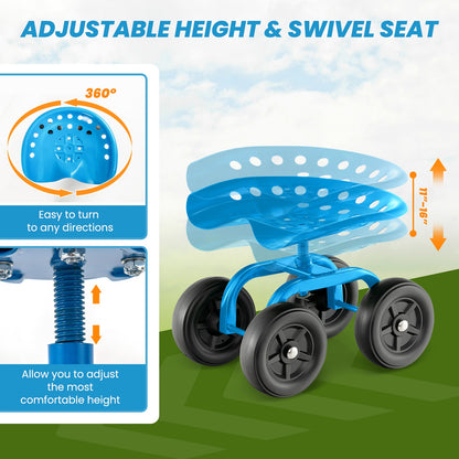 Asiento de trabajo rodante para jardín con asiento giratorio 360° y altura ajustable - Azul