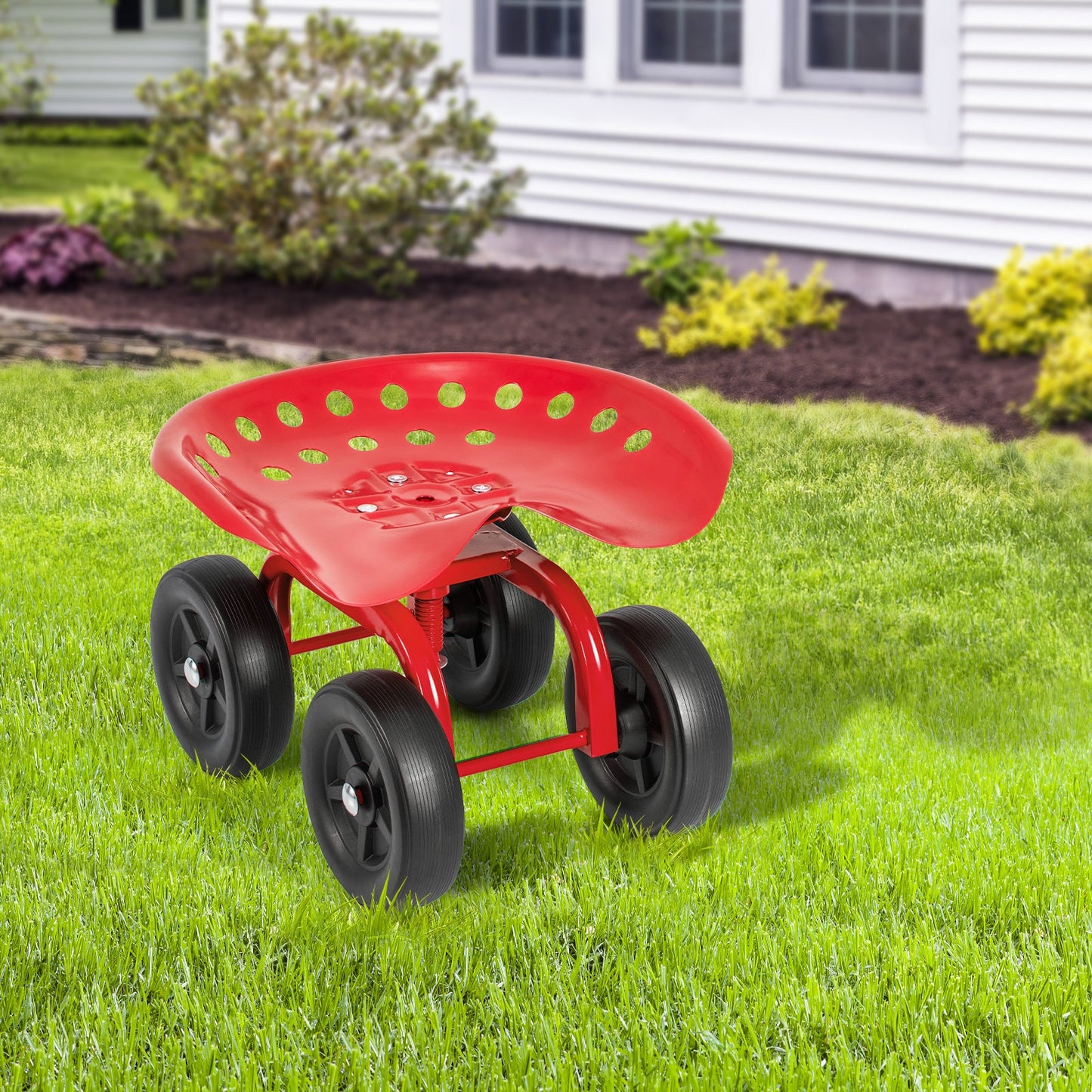 Asiento de trabajo rodante para jardín con asiento giratorio de 360° y altura ajustable - Rojo