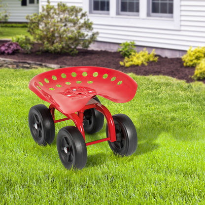 Asiento de trabajo rodante para jardín con asiento giratorio de 360° y altura ajustable - Rojo