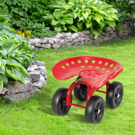 Asiento de trabajo rodante para jardín con asiento giratorio de 360° y altura ajustable - Rojo