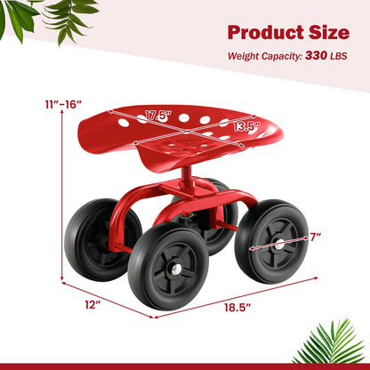 Asiento de trabajo rodante para jardín con asiento giratorio de 360° y altura ajustable - Rojo