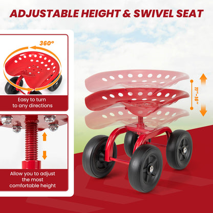 Asiento de trabajo rodante para jardín con asiento giratorio de 360° y altura ajustable - Rojo