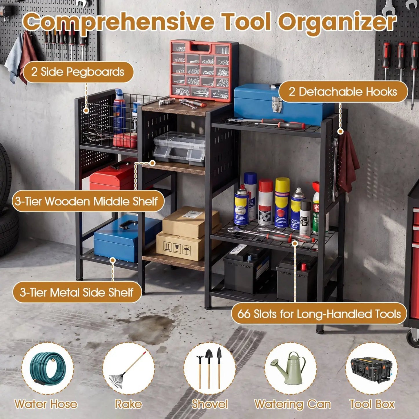 Garden Tool Organizer With Wooden Shelves
