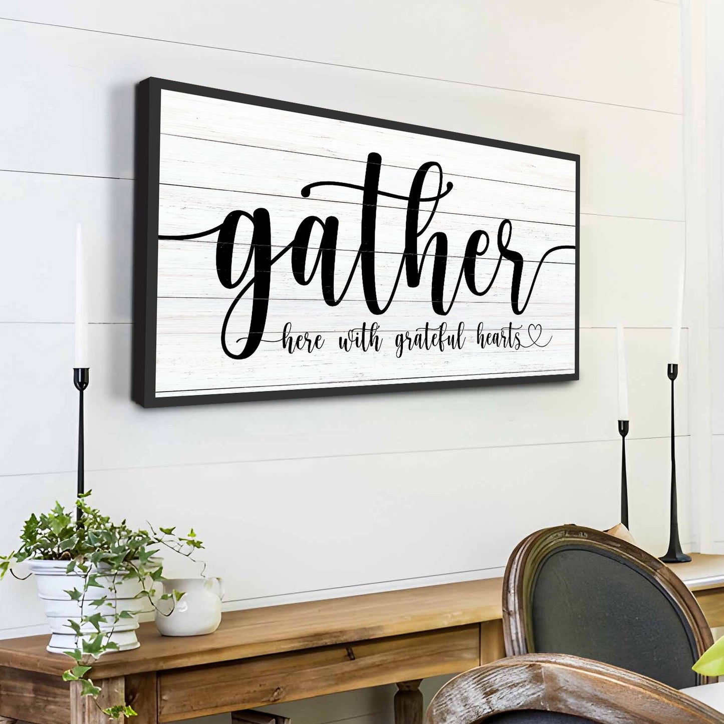 Gather Sign XIII canvas with rustic white wood background and black frame Tailored Canvases on Tampa Home & Garden Store