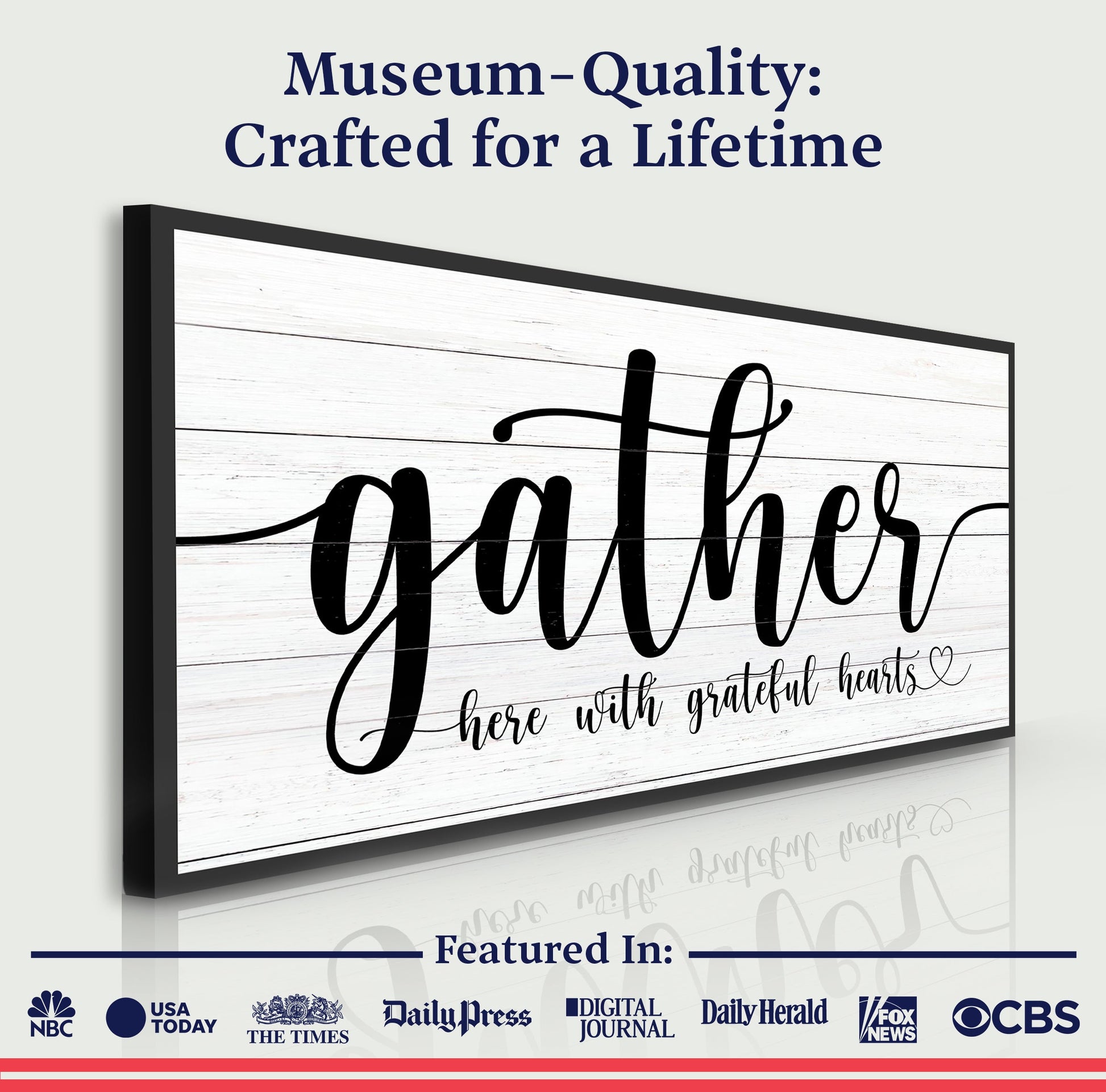 Gather Sign XIII canvas with white wood plank backdrop and black frame by Tailored Canvases on Tampa Home & Garden Store