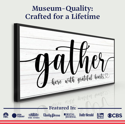 Gather Sign XIII canvas with white wood plank backdrop and black frame by Tailored Canvases on Tampa Home & Garden Store