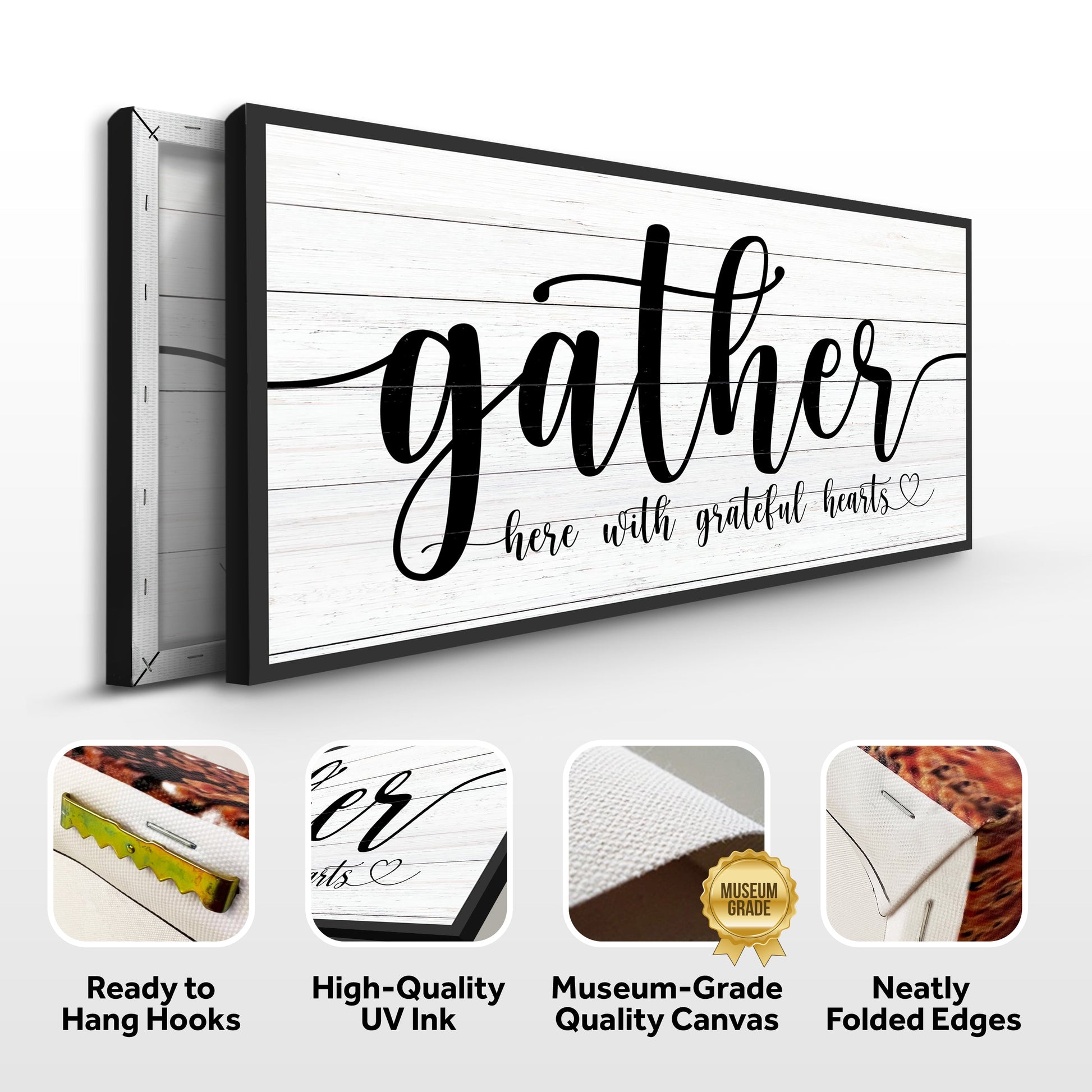 Gather Sign XIII canvas by Tailored Canvases, white wood background, black script text on Tampa Home & Garden Store