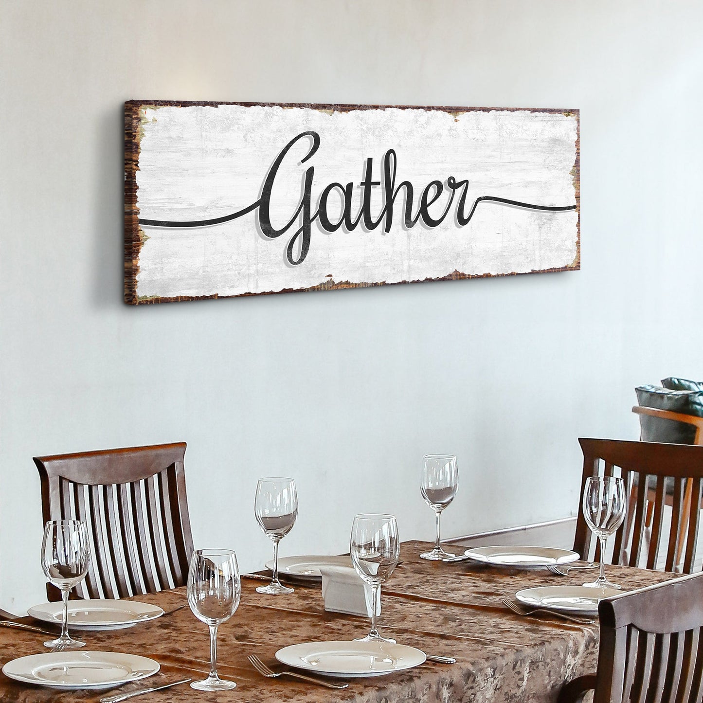 Gather Wall Art Sign canvas with distressed white backdrop and rustic wood frame on Tampa Home & Garden Store
