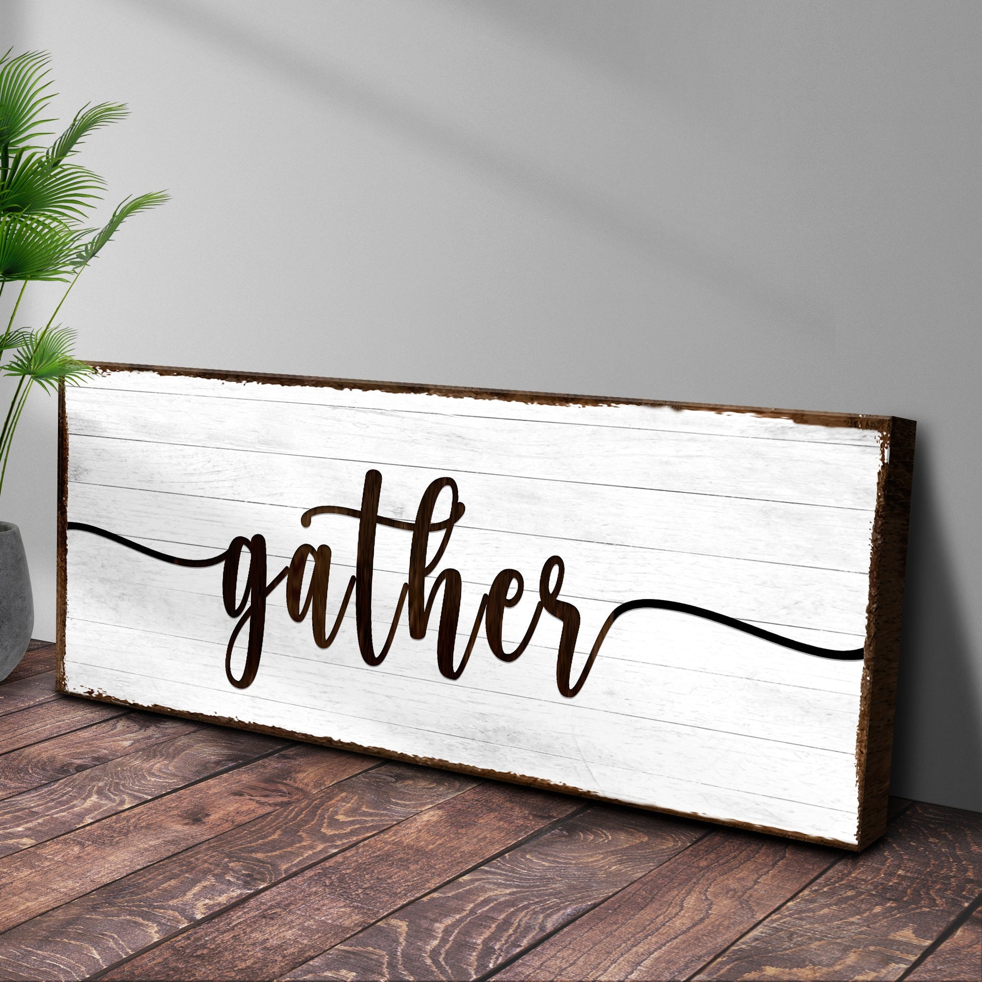 Gather Wall Art Sign II canvas with white distressed wood background and brown script text on Tampa Home & Garden Store