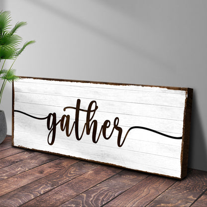 Gather Wall Art Sign II canvas with white distressed wood background and brown script text on Tampa Home & Garden Store