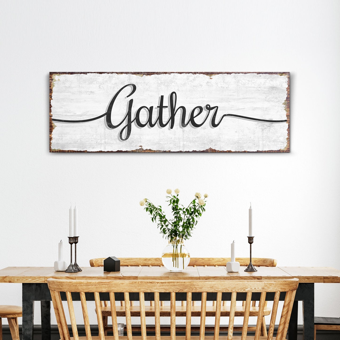 Gather Wall Art Sign canvas by Tailored Canvases with distressed white wood and black script on Tampa Home & Garden Store