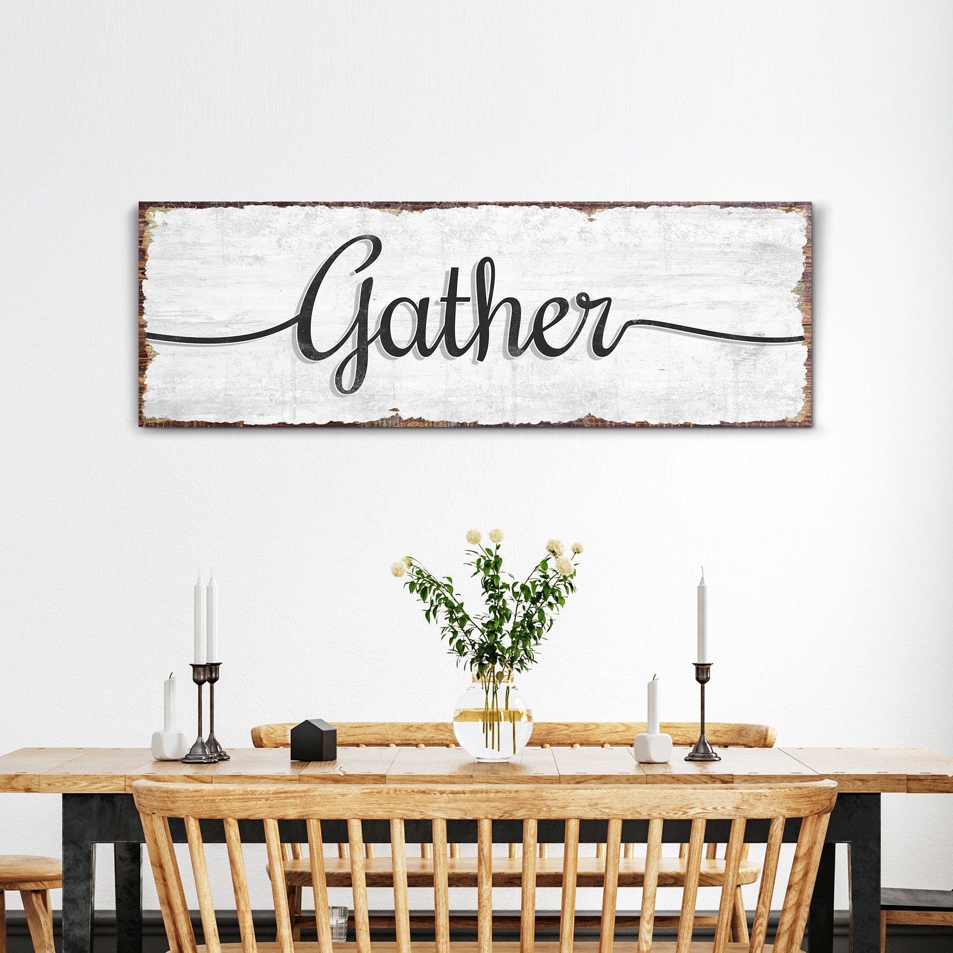 Gather Wall Art Sign canvas by Tailored Canvases with distressed white wood and black script on Tampa Home & Garden Store