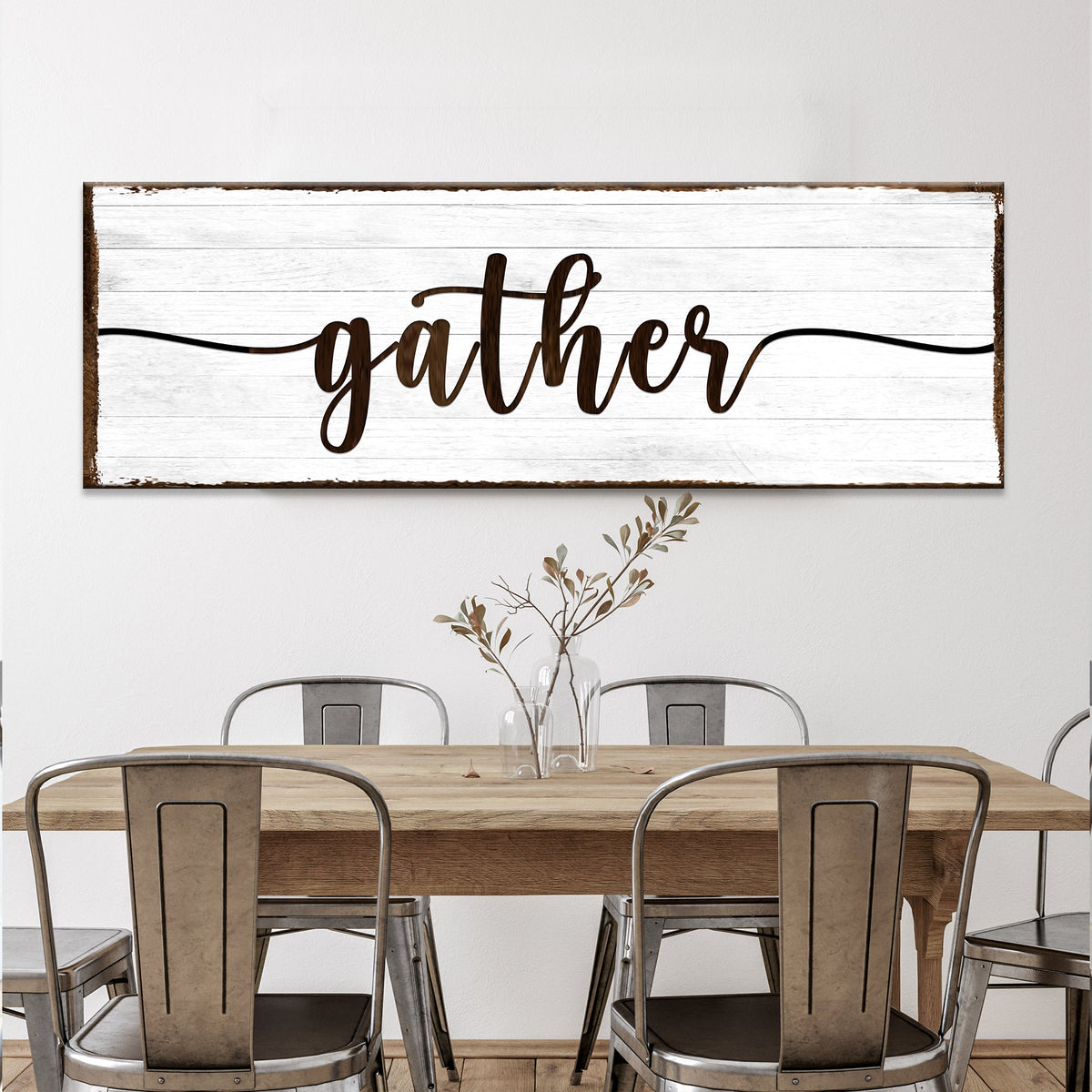 Gather Wall Art Sign II canvas with wood planks and brown distressed edges Tailored Canvases on Tampa Home & Garden Store