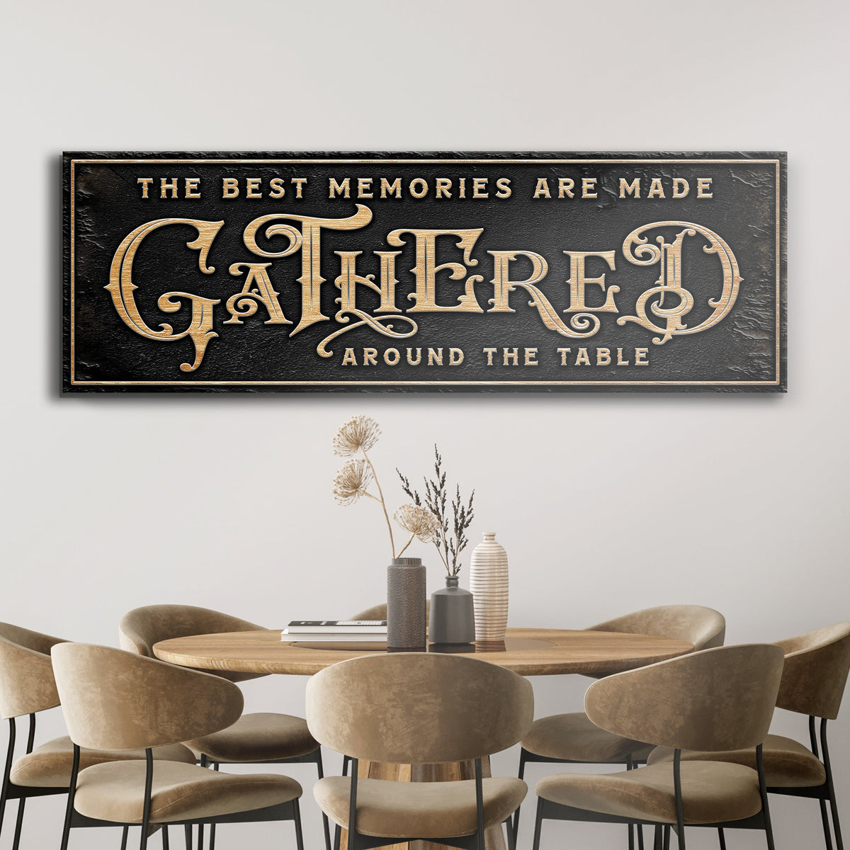 Gathered Around Table Sign canvas with black background and gold lettering Tailored Canvases on Tampa Home & Garden Store