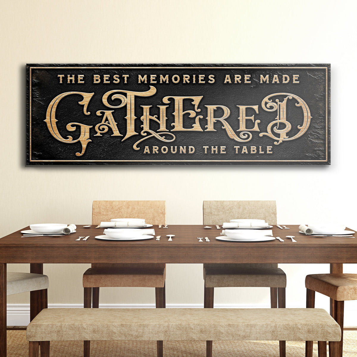 Gathered Around Table Sign canvas wall art in black with gold ornate lettering Tailored Canvases on Tampa Home & Garden Store