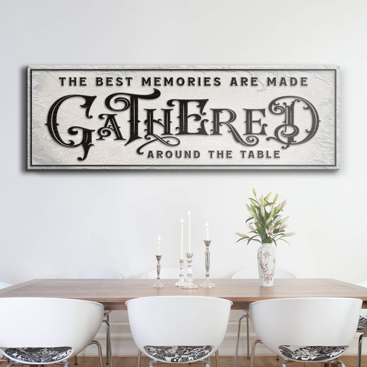 Tailored Canvases Gathered Around Table Sign II canvas; silver finish with ornate lettering on Tampa Home & Garden Store