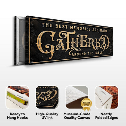 Gathered Around Table Sign canvas with black textured background and gold foil ornate lettering on Tampa Home & Garden Store