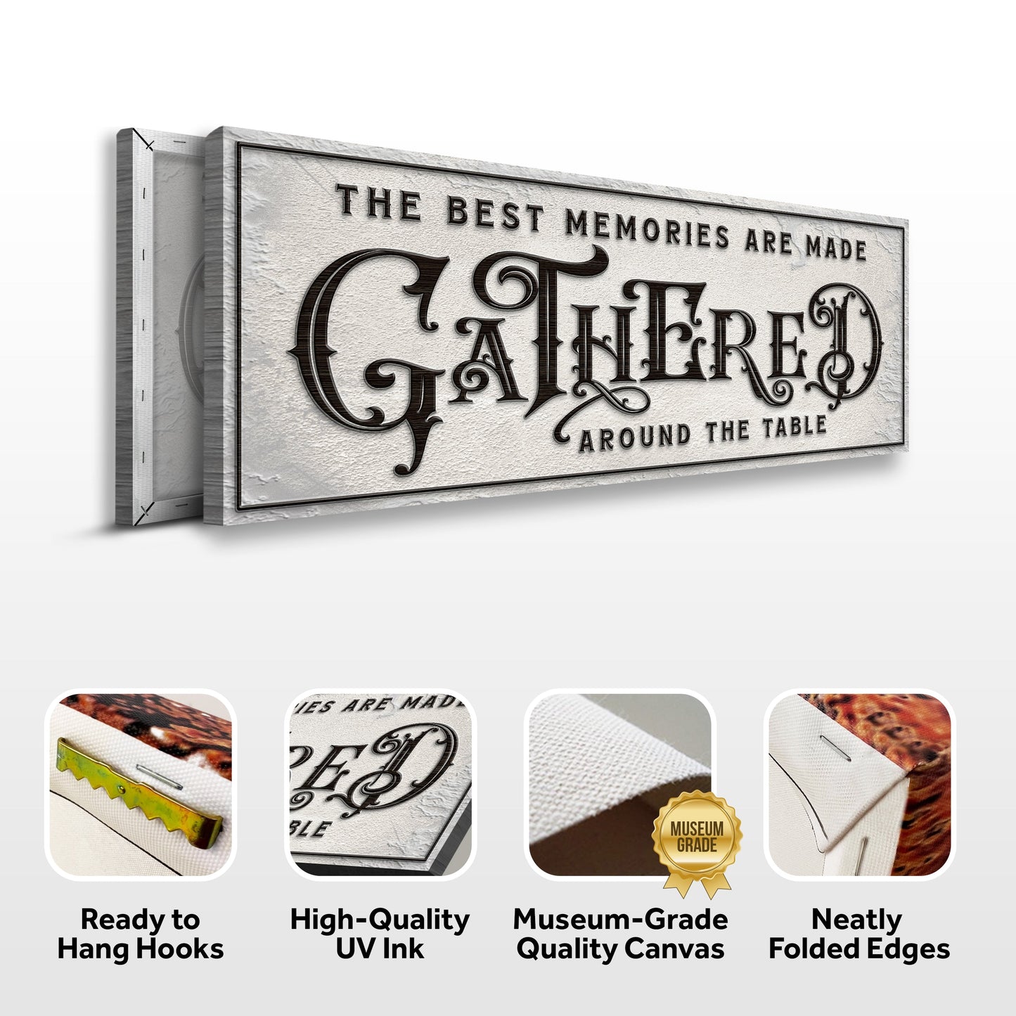 Gathered Around Table Sign II canvas; textured gray surface with ornate black typography on Tampa Home & Garden Store