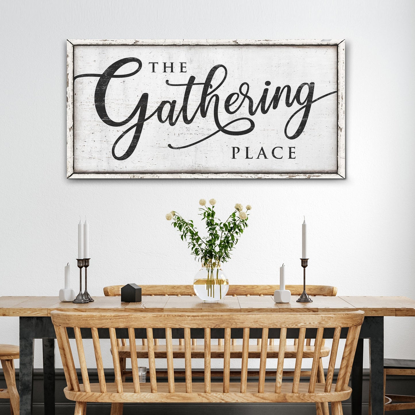 The Gathering Place Sign II crafting canvas by Tailored Canvases with distressed white frame on Tampa Home & Garden Store