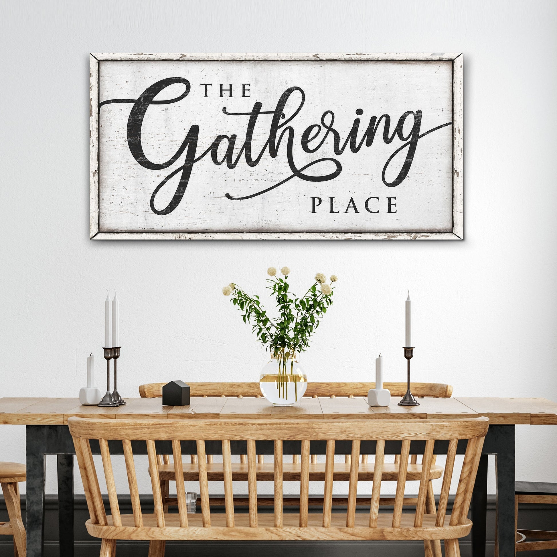 The Gathering Place Sign II crafting canvas by Tailored Canvases with distressed white frame on Tampa Home & Garden Store