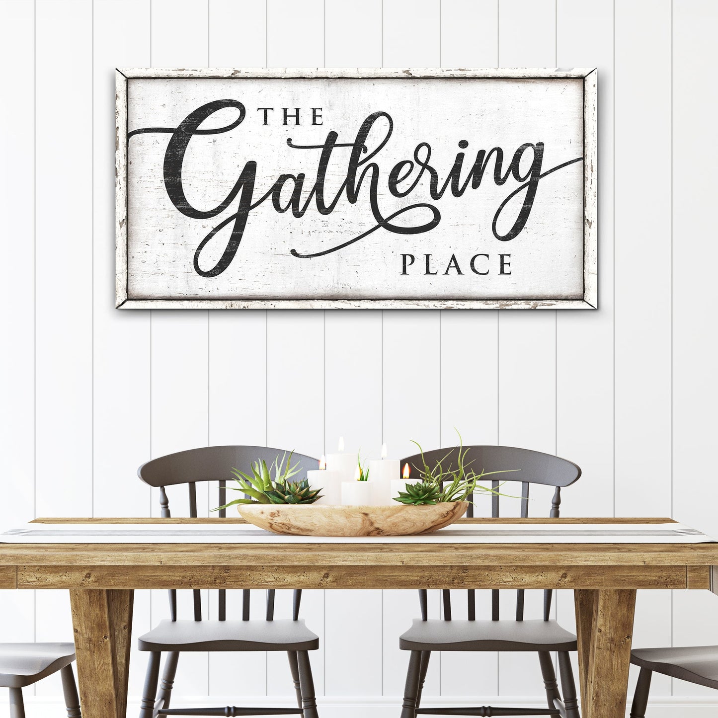 The Gathering Place II canvas sign with distressed white background and rustic frame on Tampa Home & Garden Store