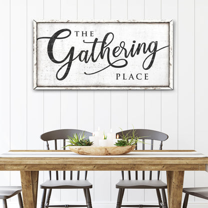 The Gathering Place II canvas sign with distressed white background and rustic frame on Tampa Home & Garden Store