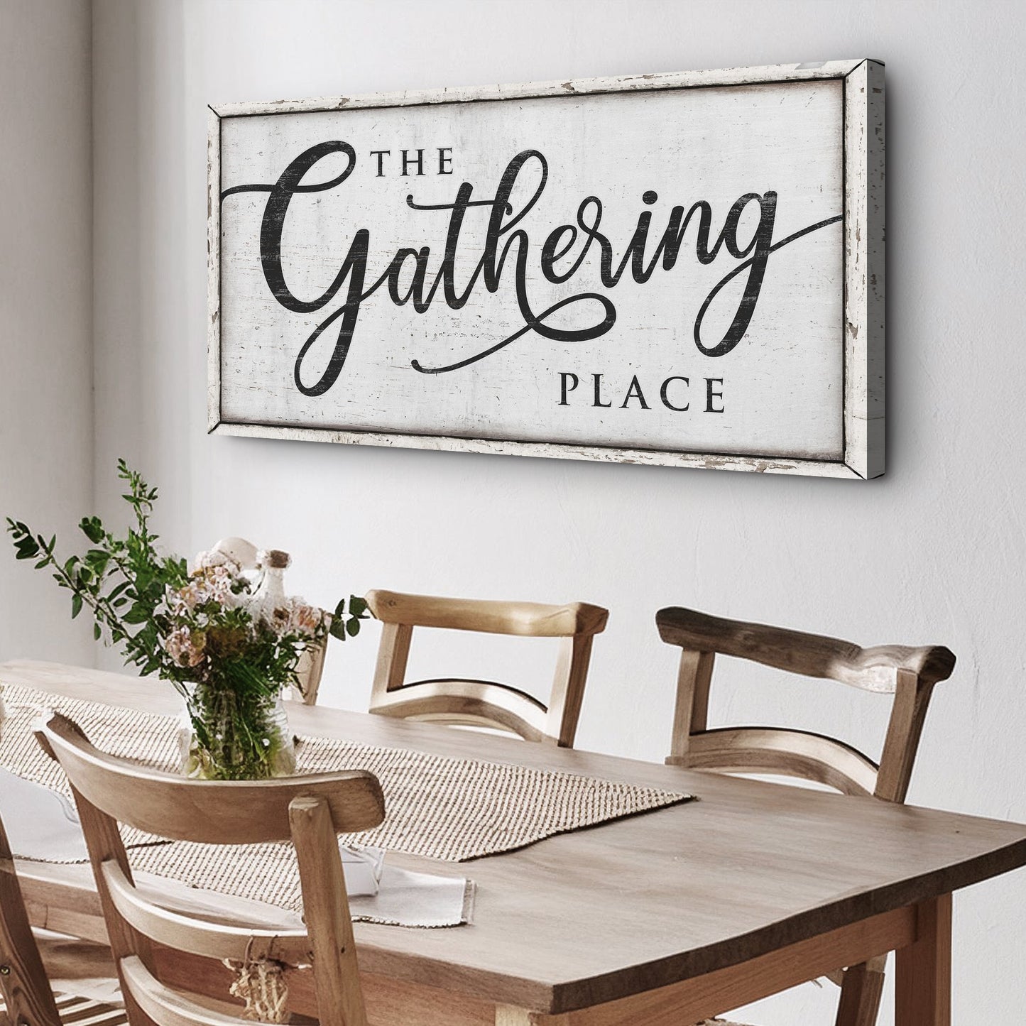 The Gathering Place Sign II canvas wall art Tailored Canvases distressed white frame on Tampa Home & Garden Store