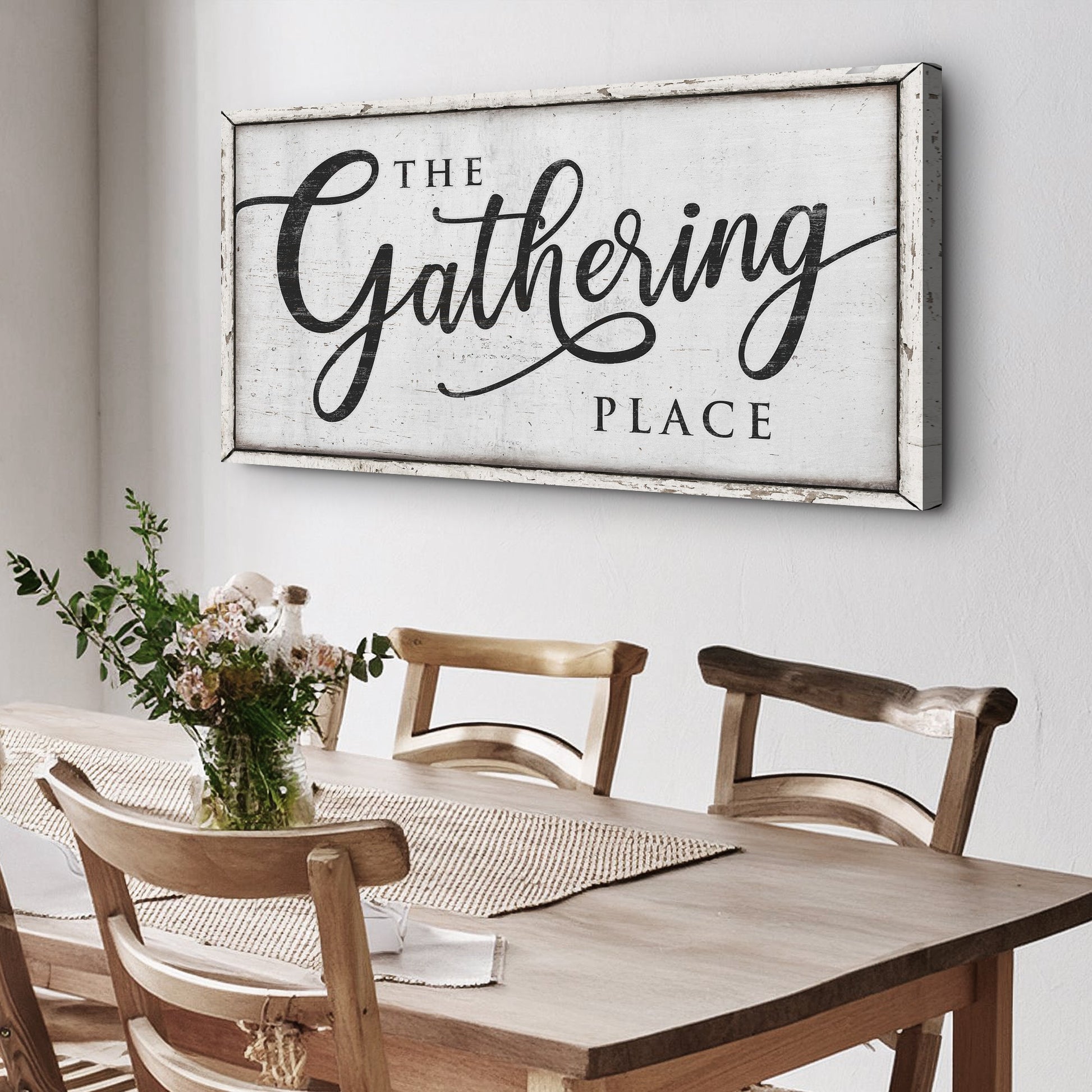 The Gathering Place Sign II canvas wall art Tailored Canvases distressed white frame on Tampa Home & Garden Store